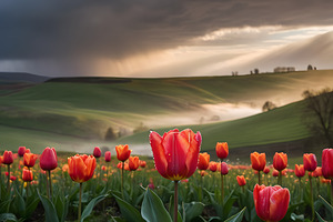 Clous-UP Beautiful Red and Yellow Tulips in Field With Storm
