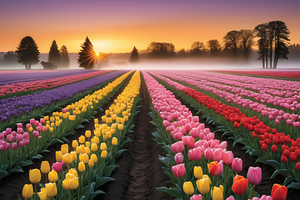 Beautiful Red and Yellow Tulips with sunrise and Clouds