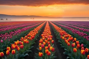 Beautiful Red and Yellow Tulips With RainDrops with sunrise and Clouds 