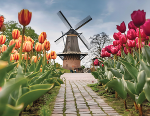Beautiful Red and Yellow Tulips with sunrise with Windmill  