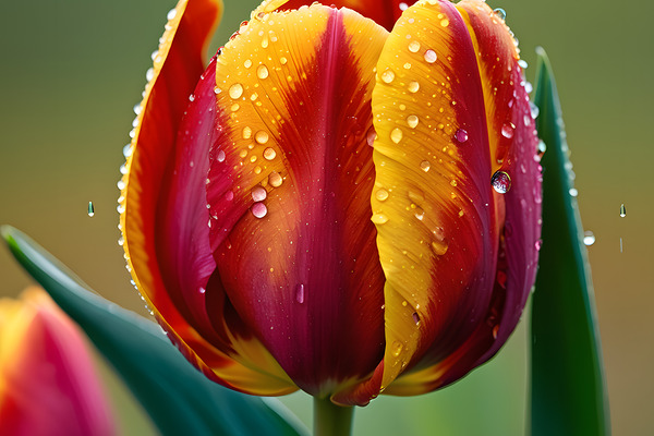 Clous-UP Beautiful Red and Yellow Tulips With RainDrops Print