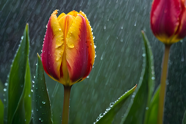 Clous-UP Beautiful Red and Yellow Tulips With RainDrops Print