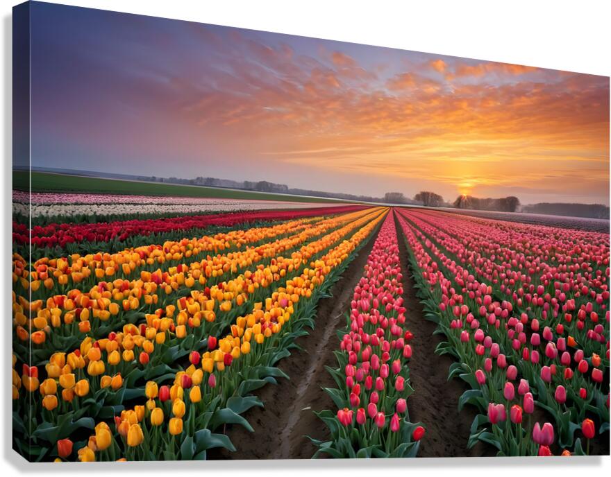 Beautiful Red and Yellow Tulips With RainDrops with sunrise   Canvas Print