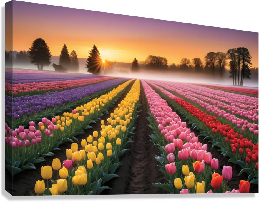 Beautiful Red and Yellow Tulips with sunrise and Clouds Canvas Print