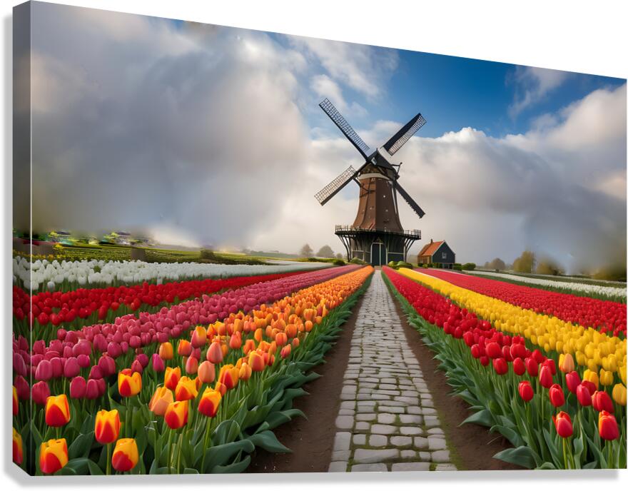 Beautiful Red and Yellow Tulips with sunrise with Windmill   Canvas Print