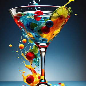  digital martini glass filled with colorful liquid splashes