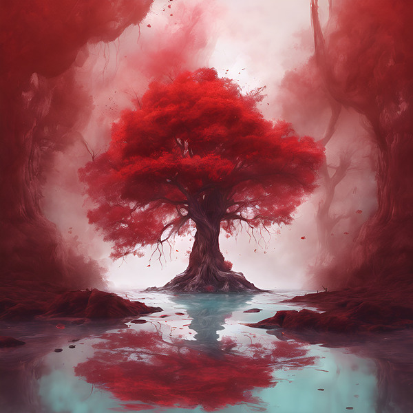 tree in red color and water esrgan Print