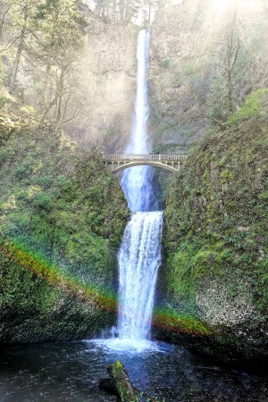 Multnomah Falls Bathed in Sunlight Mist and Rainbows - Waterfall Pacific Northwest USA 