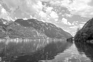 BW Hallstatt and Grub Castle with Beautiful Reflections in the Waters of Lake Hallstatt