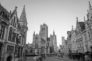 BW Snapshot in Time Ghent Belgium Historic Buildings Bathed in the Golden Light of the Evening Sun