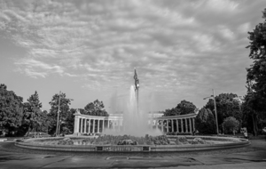 BW Sunset at Hochstrahlbrunnen Fountain and the Denkmal zu Ehren WWII Memorial in Vienna Austria 