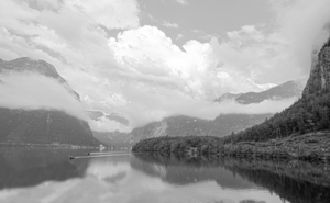 BW The Salzkammergut Mountains and Hallstatt in the Austrian Alps Viewed Across Lake Hallstatter