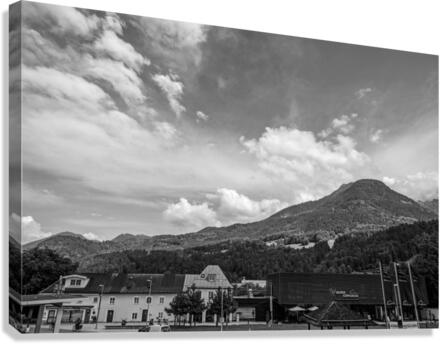 BW The Alpen Congress Hall in Berchtesgaden Germany in the Bavarian Alps with the Eagles Nest on Kehlstein Mountain   Canvas Print