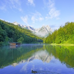 Blue Skies over the Riessersee in the Bavarian Alps near Garmisch Germany - Rare Print Limited Edition William Robert Stanek