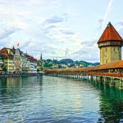 Chapel Bridge and Old Town at Sunset Lucerne Switzerland