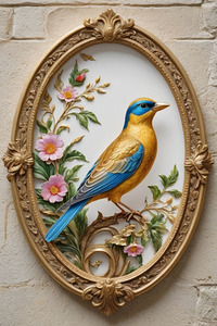 Ornate Relief of a Bird in an Oval Frame