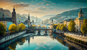 Tranquil Urban River Scene with Historic Architec