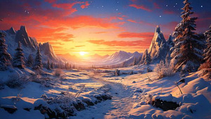  Stunning mural depicting a serene sunset over a snowy landscape. 