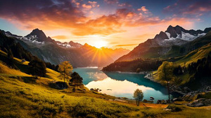  stunning mural depicting a breathtaking sunrise over a serene lake nestled in the mountains.