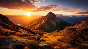 Stunning mural featuring a breathtaking sunrise over a majestic mountain range