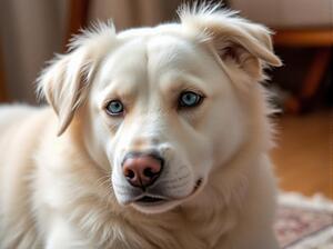  This stunning mural features a captivating white dog with blue eyes