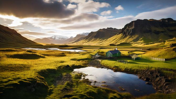 Stunning mural featuring an Icelandic landscape at sunset Print