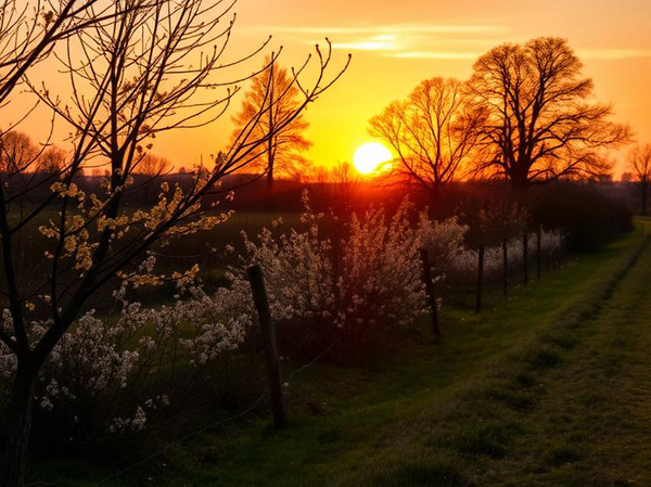  Stunning mural depicting a serene sunset over a vibrant field adorned with trees and blooming flowers. Print