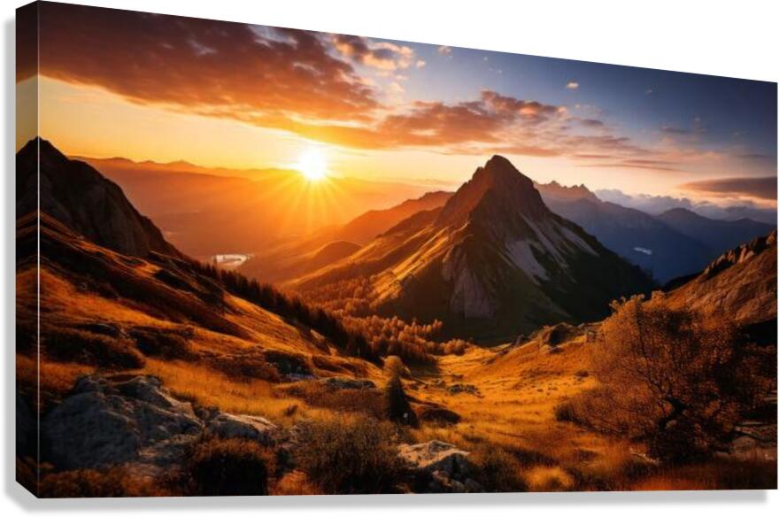 Stunning mural featuring a breathtaking sunrise over a majestic mountain range Canvas Print