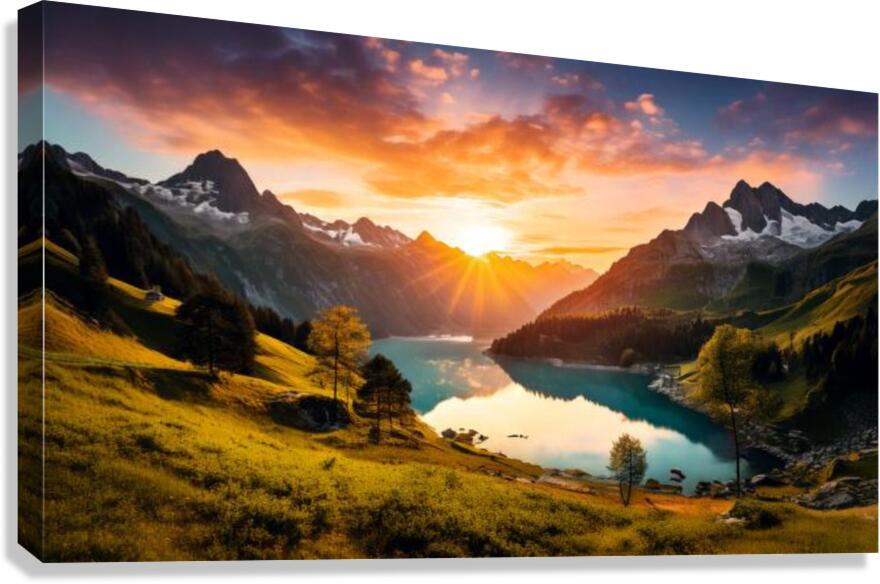  stunning mural depicting a breathtaking sunrise over a serene lake nestled in the mountains. Canvas Print