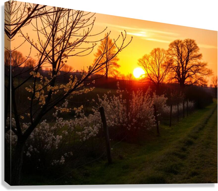  Stunning mural depicting a serene sunset over a vibrant field adorned with trees and blooming flowers. Canvas Print