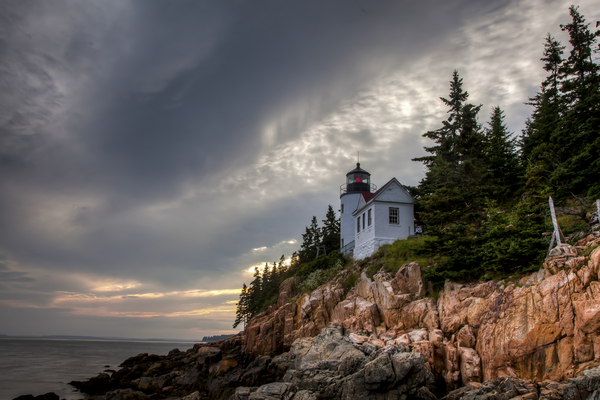 Bass Harbor lighthouse with sunset lights by MVP
