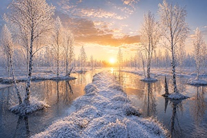 Winter Sunrise over Frosty Landscape