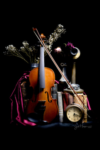 Violin and Books in Crimson