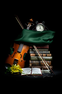 Violin and Books in Emerald