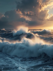 Golden Sunset Ocean Waves – Dramatic Seascape with Storm Clouds