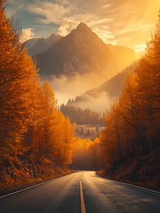 Golden Autumn Mountain Road at Sunrise – Peaceful Fall Landscape Wall Art