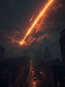 Burning Meteor Over the City – Dramatic Night Sky Art