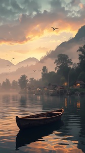 Serene Sunrise Over a Quiet Lakeside Village