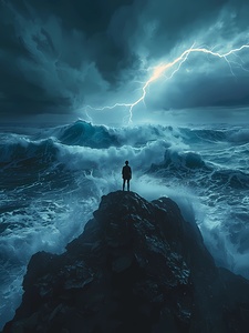 Man Standing on Rock Amid Stormy Ocean and Lightning – Dramatic and Powerful Scene
