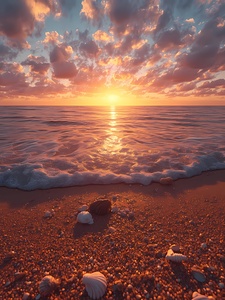 Serene Sunset Beach Scene with Seashells and Gentle Waves – Calming Ocean Wall Art