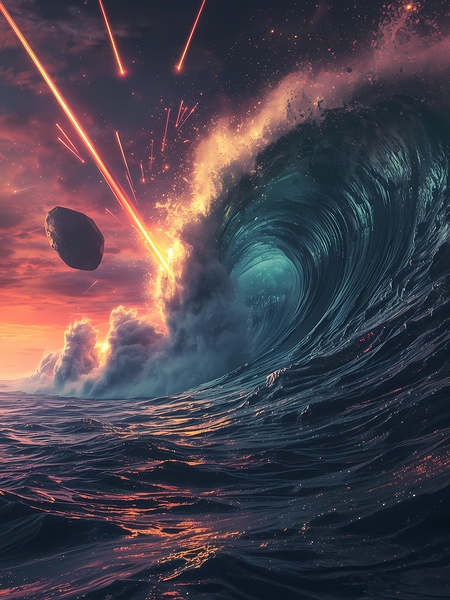 Apocalyptic Scene: Giant Waves and Meteor Strikes Print