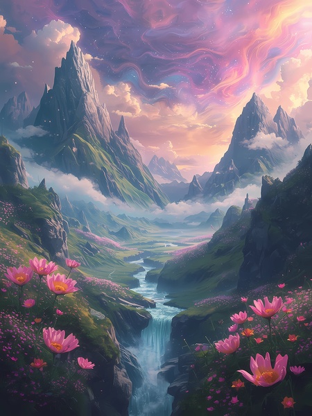 Dream Valley – Surreal Mountain Landscape Under a Magical Sky Print