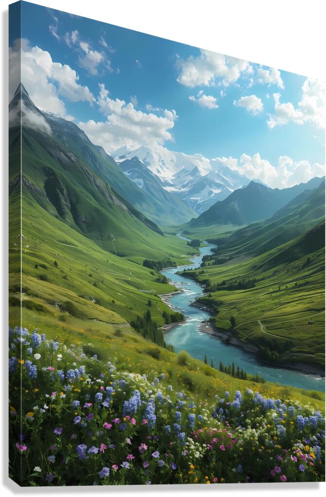 Majestic Mountain Valley with River and Wildflowers – Stunning Nature Landscape Canvas Print