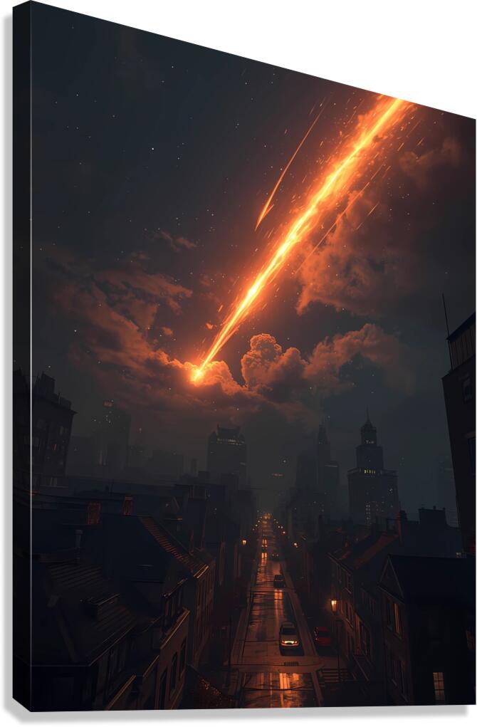 Burning Meteor Over the City – Dramatic Night Sky Art Canvas Print