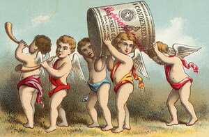 5 angels helping carry a giant can.