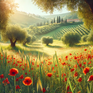 Sunlit Tuscan Dream: A Field of Poppies and Olive Trees