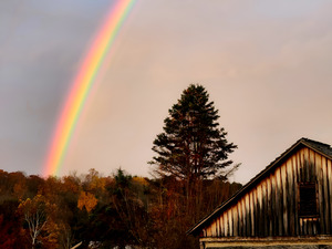 Morning Rainbow Over Barn