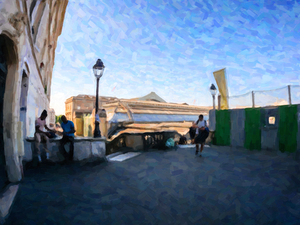 Black ethnicity people on the stairs with Gare de Lest train st