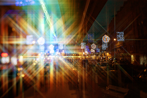 Colorful City Street with Festive Lights