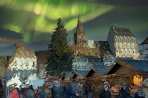 Central Place with tall fir Christmas tree annual Christmas Market in metaverse conceptual reality imagination virtual and real world
